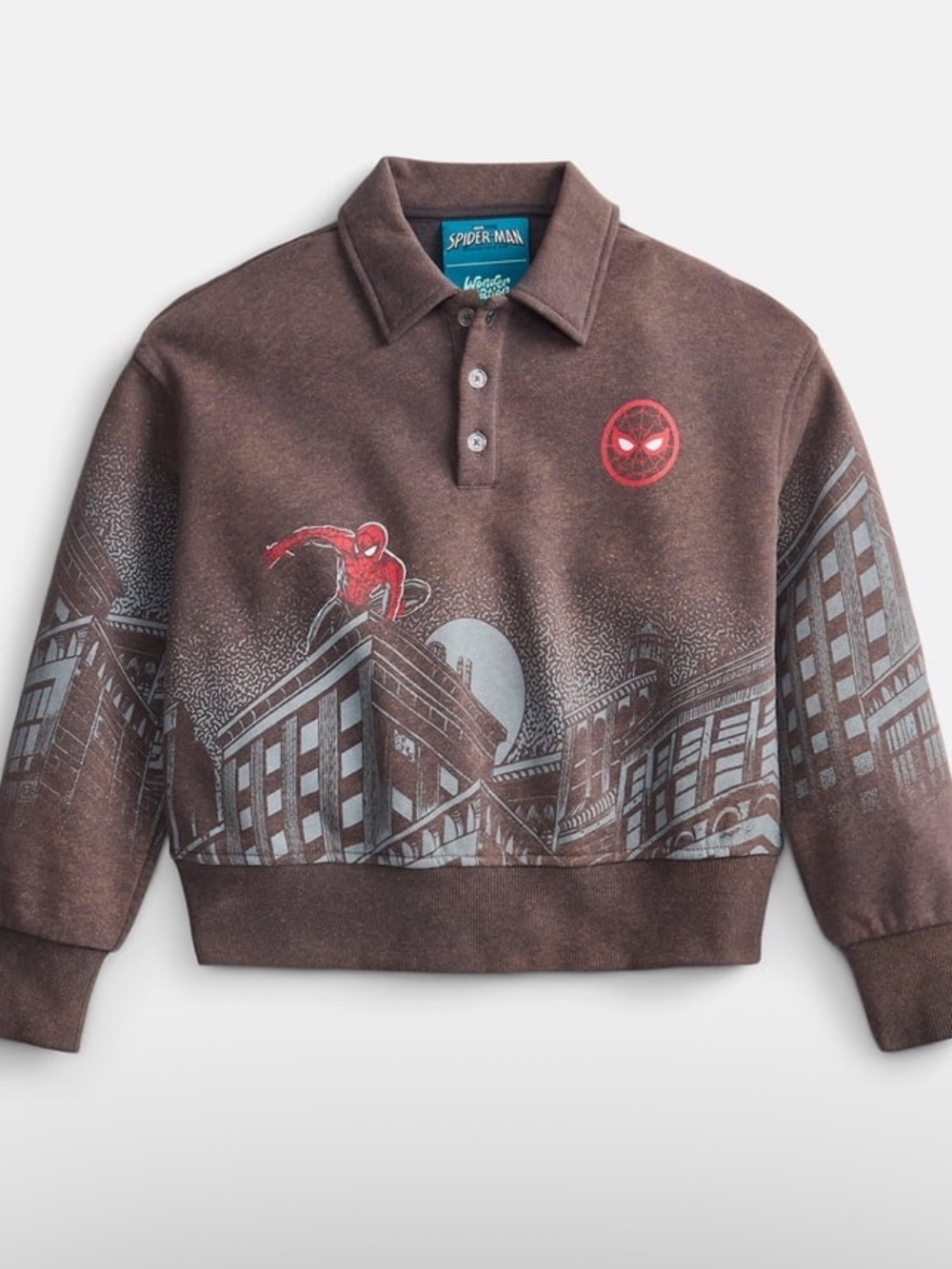 Spiderman Brown Polo Sweatshirt with Red & Gray City Graphic
